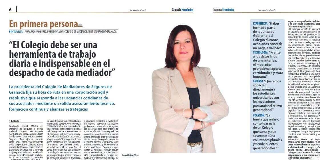 Laura Molero apuesta por un Colegio de Mediadores de Seguros de Granada más útil, ágil y cercano al profesional Copiar título Laura Molero apuesta por un Colegio de Mediadores de Seguros de Granada más útil, ágil y cercano al profesional Copiar título